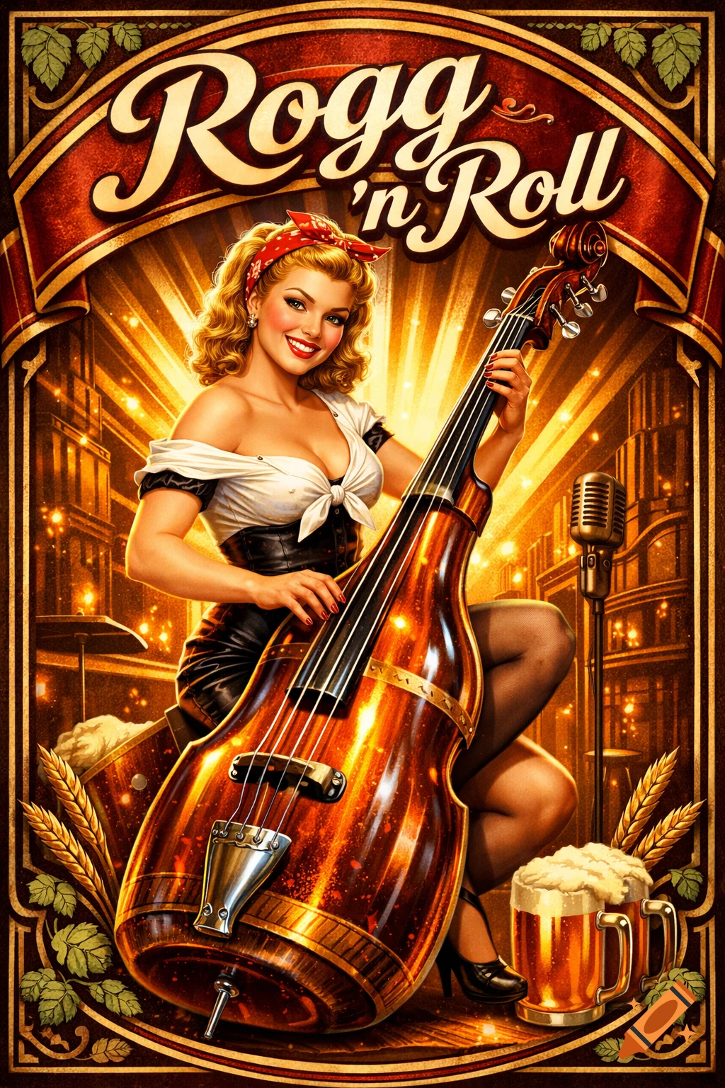 A vintage poster of a smiling pin-up girl playing a beer bottle-shaped bass guitar under a 'Rogg 'n Roll' banner.