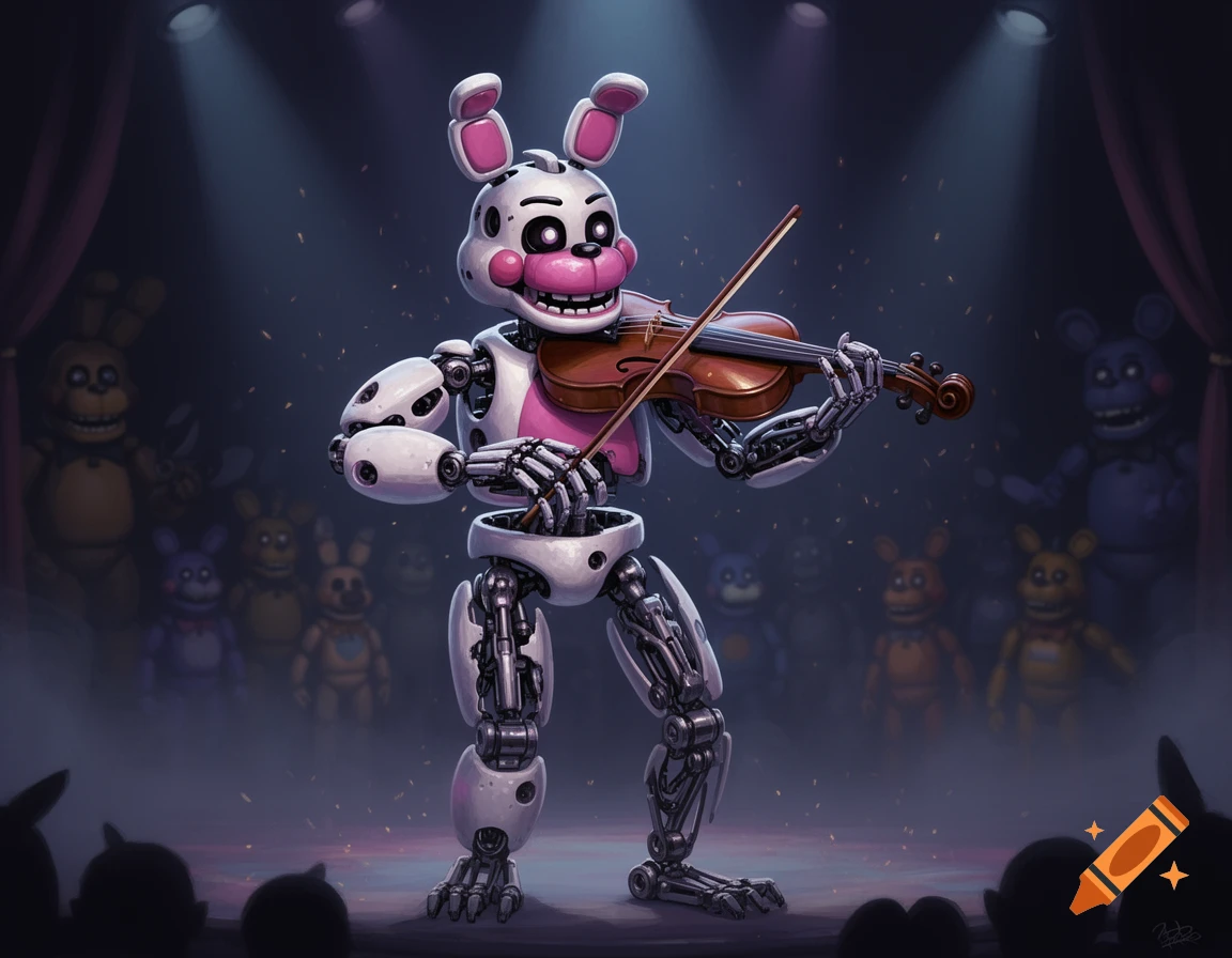 Stylized digital art of a white and pink animatronic (Mangle) playing a violin on a spotlighted stage with a blurry animatronic audience.