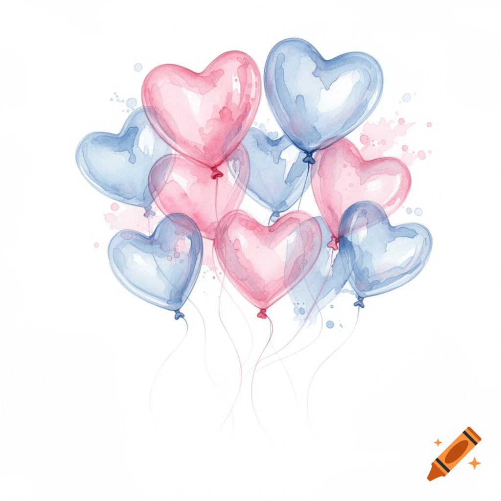 Watercolor illustration of a cluster of pink and blue heart-shaped balloons against a white background.