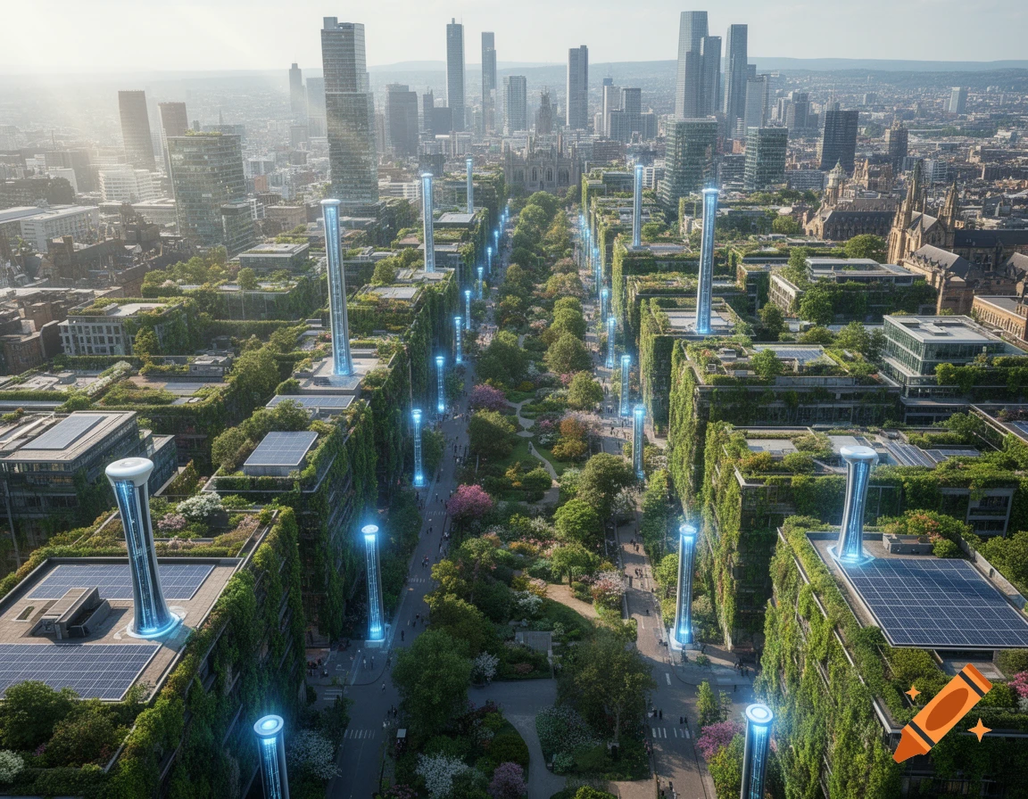 Aerial view of a futuristic city with green buildings, solar panels, and glowing blue energy pillars lining a park-like street, under a bright sky.