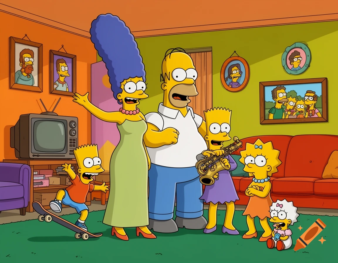 The cartoon Simpsons family, including Homer, Marge, Bart skateboarding, Lisa with a saxophone, and Maggie, in their living room.