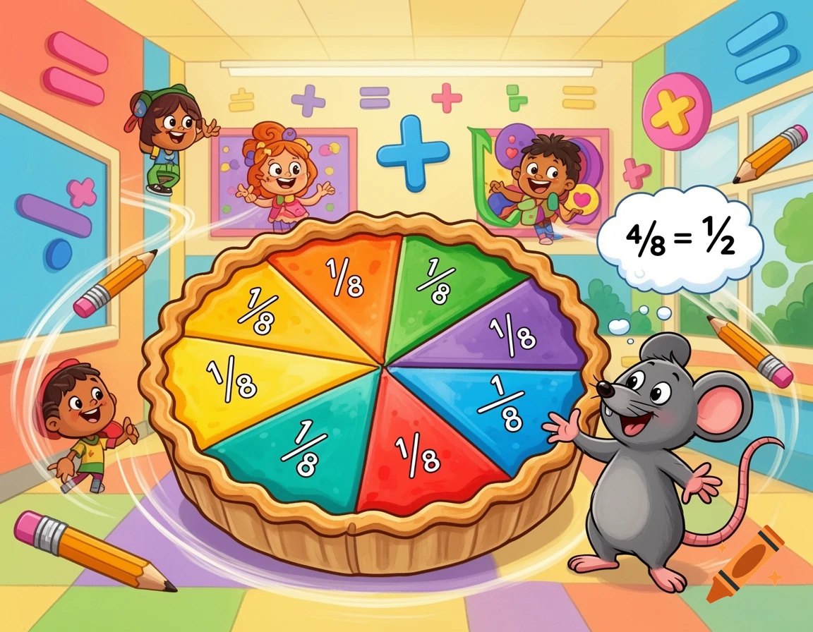 Colorful cartoon illustration of a mouse and kids with a pie divided into 1/8 fractions, showing 4/8 = 1/2, for teaching math.