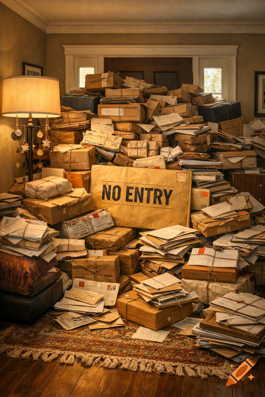 A room in a home overflowing with stacks of letters, envelopes, and packages piled high, blocking a doorway, with a prominent "NO ENTRY" sign.