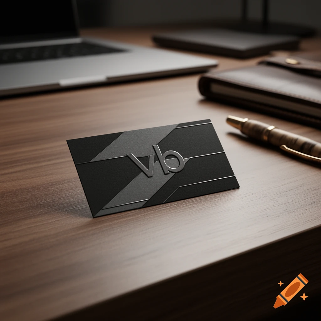A black business card with a metallic "Vb" logo sits on a wooden desk, alongside a blurred laptop, journal, and pen in the background.