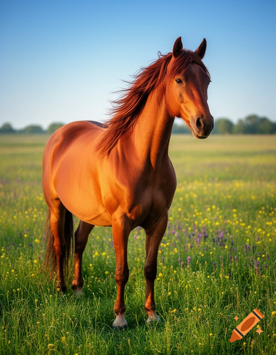 A brown horse with a flowing mane stands in a field of green grass and ...