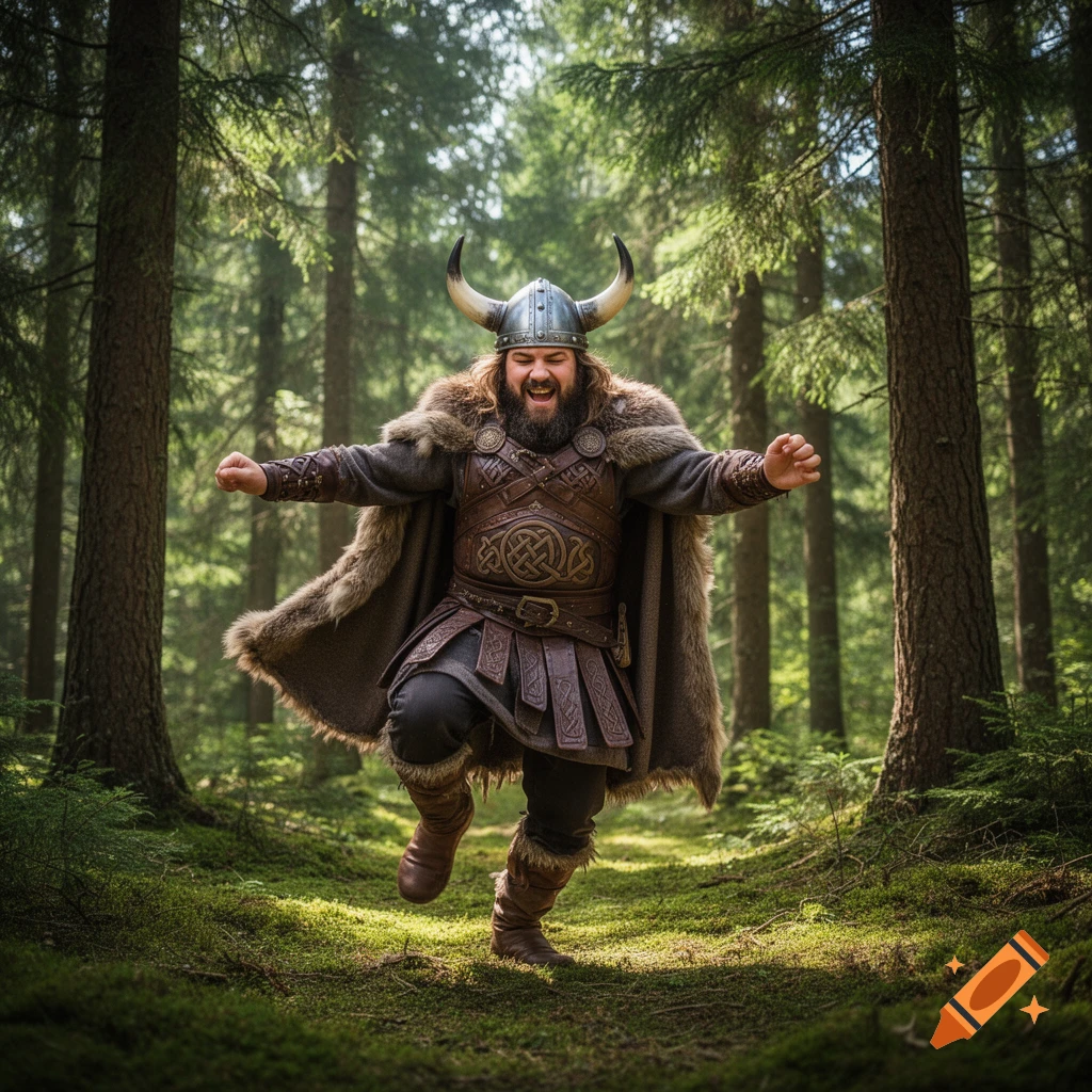 A jovial Viking man with a horned helmet and fur cape dances happily in a sunlit forest.