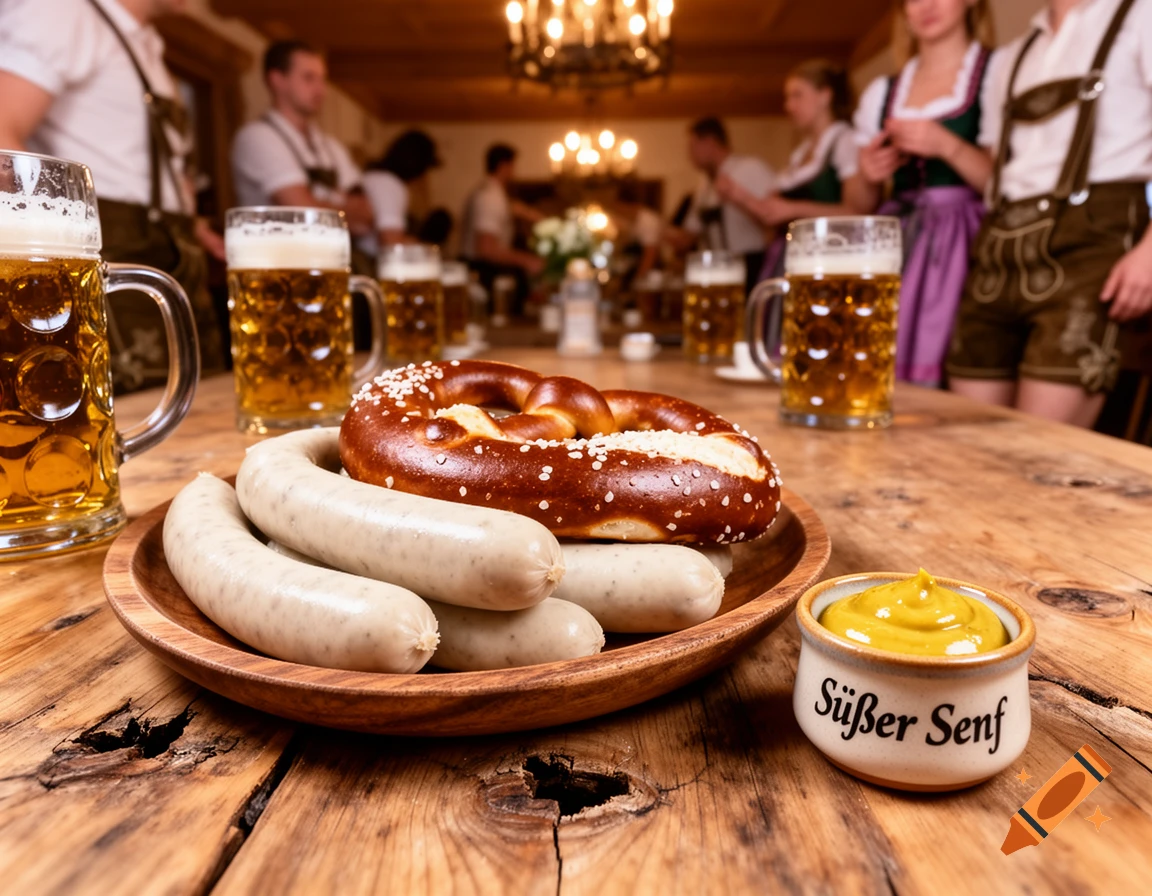 Close-up of Weißwurst sausages, a pretzel, and sweet mustard next to mugs of beer on a wooden table, with people in traditional German attire blurred in the background.