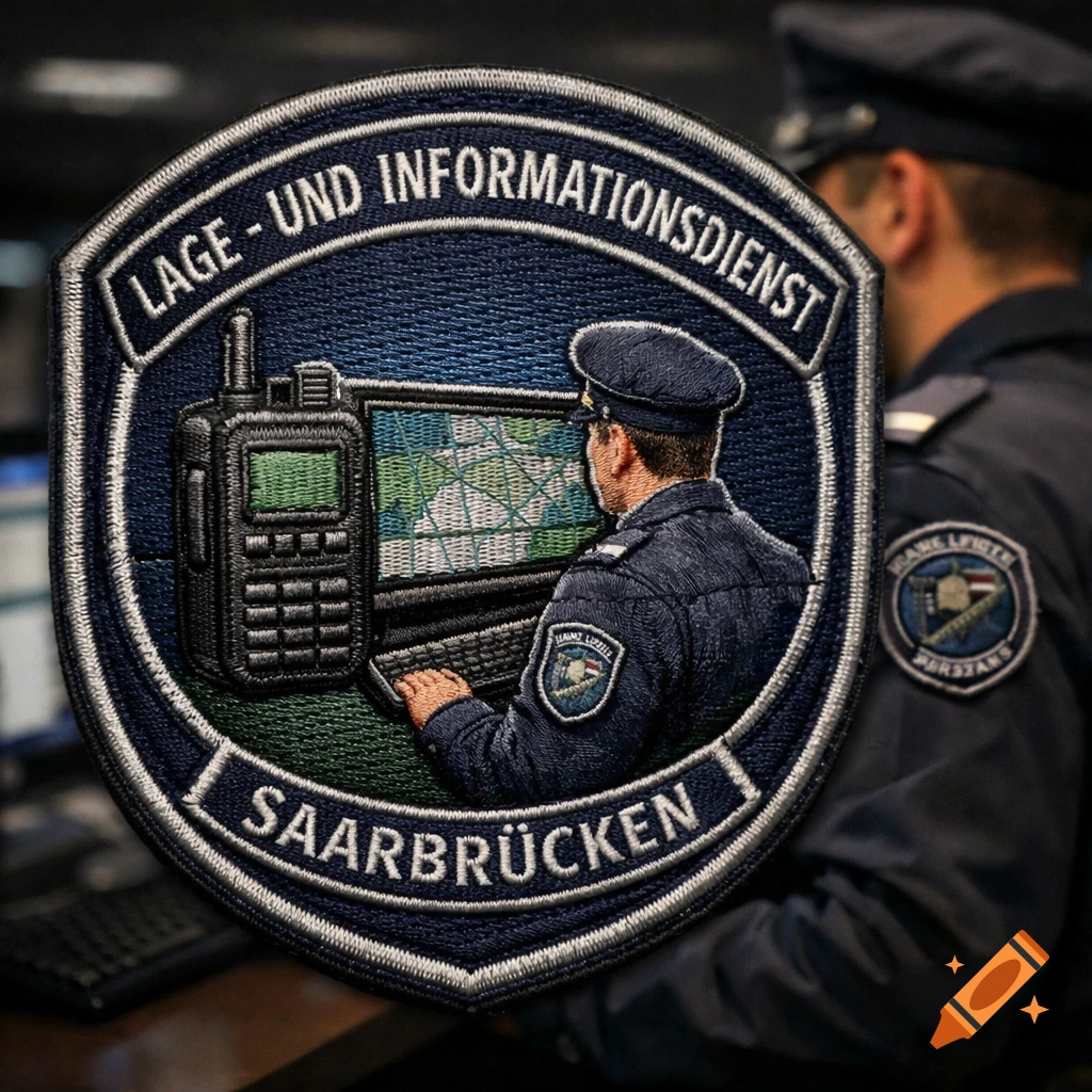 An embroidered police patch for "Lage - und Informationsdienst Saarbrücken," depicting an officer at a computer with a radio.