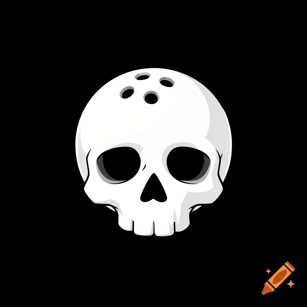 Cartoon white skull resembling a bowling ball with three finger holes for eyes and one for the nose, on a black background.