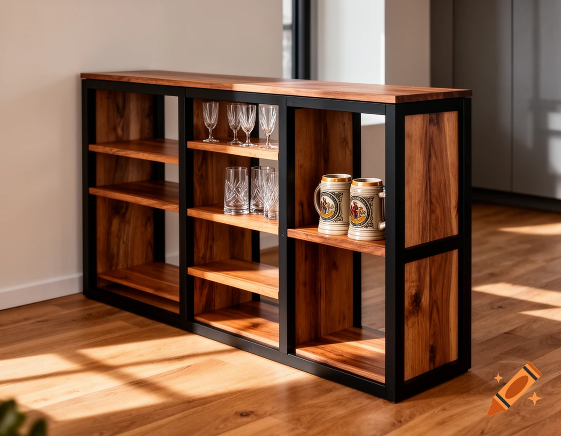 A stylish wooden and black metal room divider shelf holds beer steins and various drinking glasses in a bright, modern room.