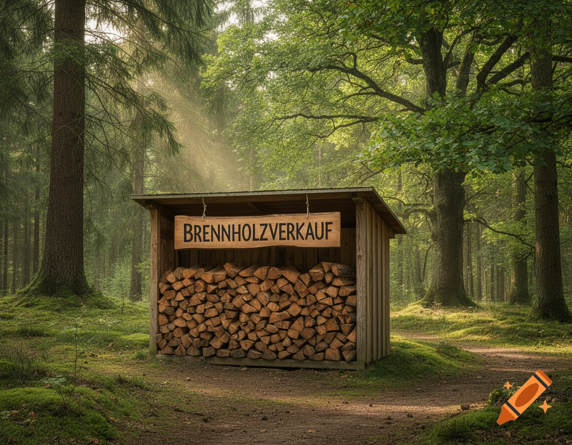 A wooden woodshed filled with chopped firewood, bearing a sign that reads 'BRENNHOLZVERKAUF', stands in a sunlit forest with tall trees and mossy ground.