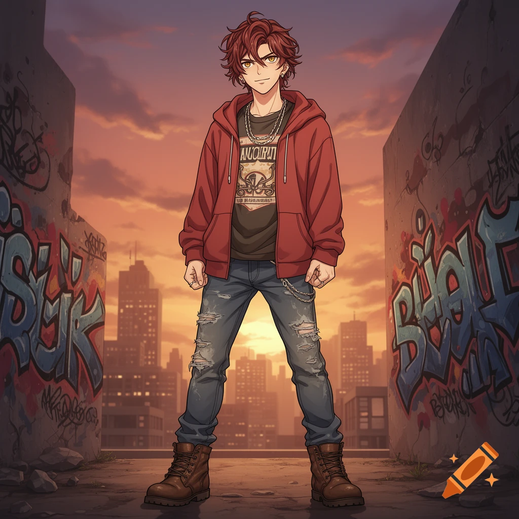 An anime-style young man with red hair, wearing a red hoodie, ripped jeans, and boots, stands in an urban setting with graffiti-covered walls and a city skyline at sunset.