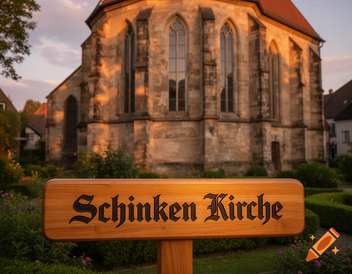 A wooden sign reading 'Schinken Kirche' in front of a stone church bathed in golden hour light, with green gardens.