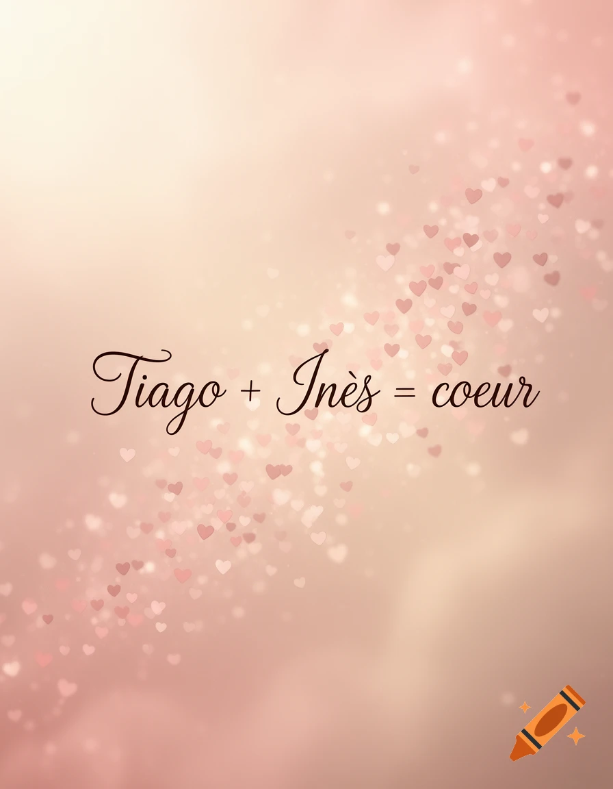Text 'Tiago + In ès = c œur' in elegant cursive on a soft pink background with blurred hearts.