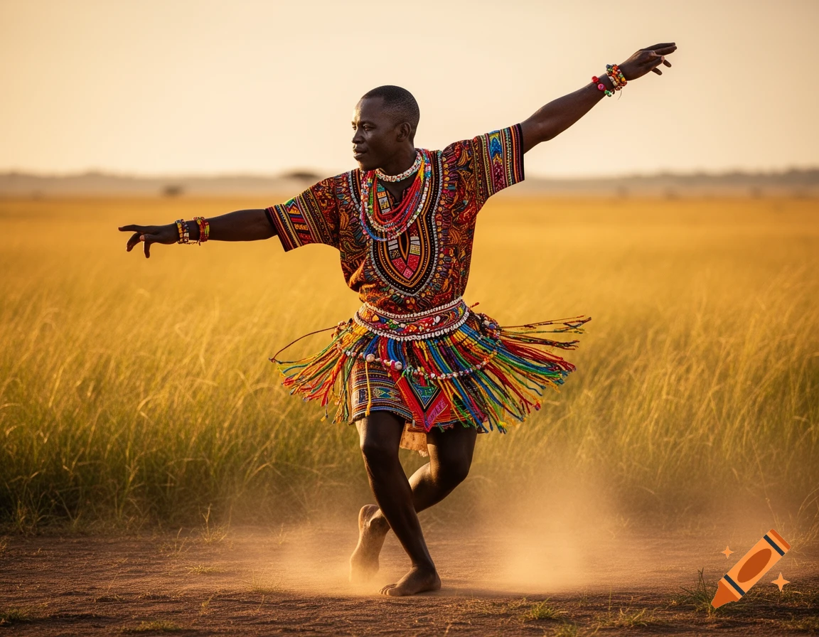 An African man in vibrant traditional attire dances barefoot, raising dust in a golden field under a warm sky.