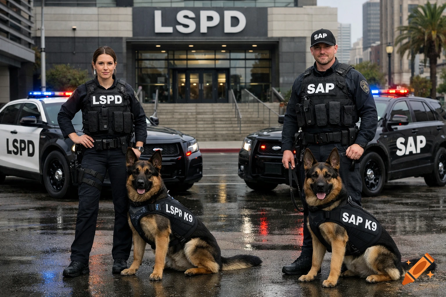 Two uniformed police officers, a woman and a man, stand with their German Shepherd K9 dogs in front of a police station and patrol cars on a wet street.