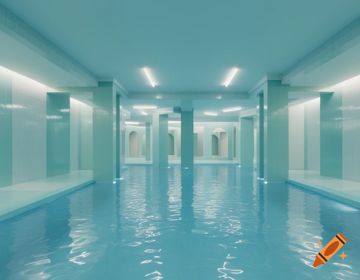 An indoor swimming pool room with pale teal tiles, columns, arches, and glowing fluorescent lights, with still water reflecting the ceiling.