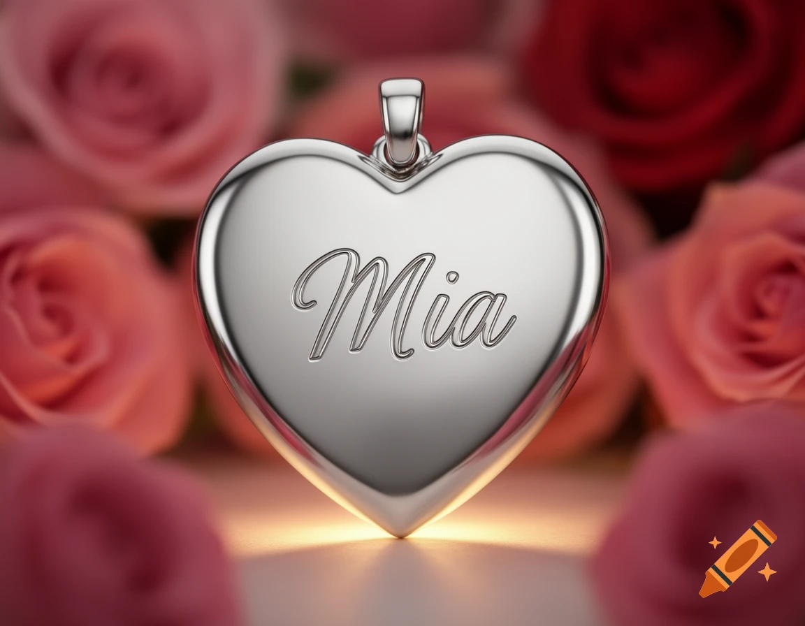 Silver heart-shaped pendant engraved with 'Mia', surrounded by soft pink and red roses.