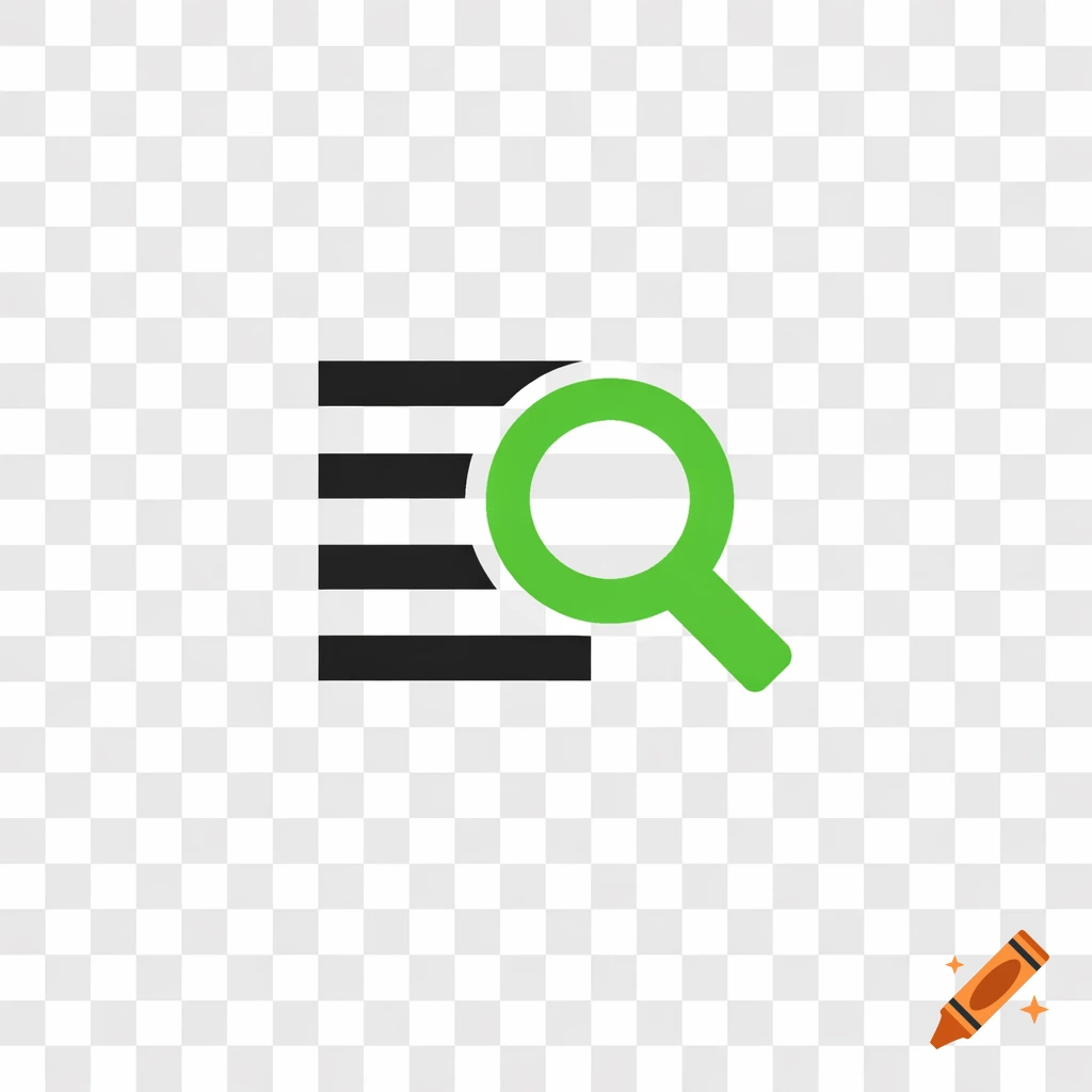 A green magnifying glass icon overlaid on four black horizontal text lines, on a transparent background.