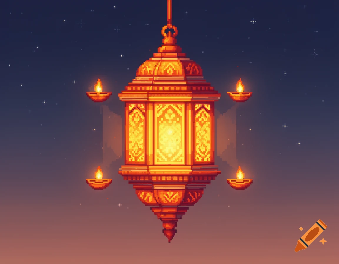 Vibrant pixel art of a traditional glowing Hindu lantern surrounded by small floating diyas against a night sky with stars, evoking Diwali.