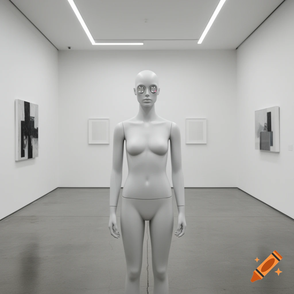 A grey mannequin with surreal, multi-circle eyes stands centered in a minimalist art gallery with abstract paintings.