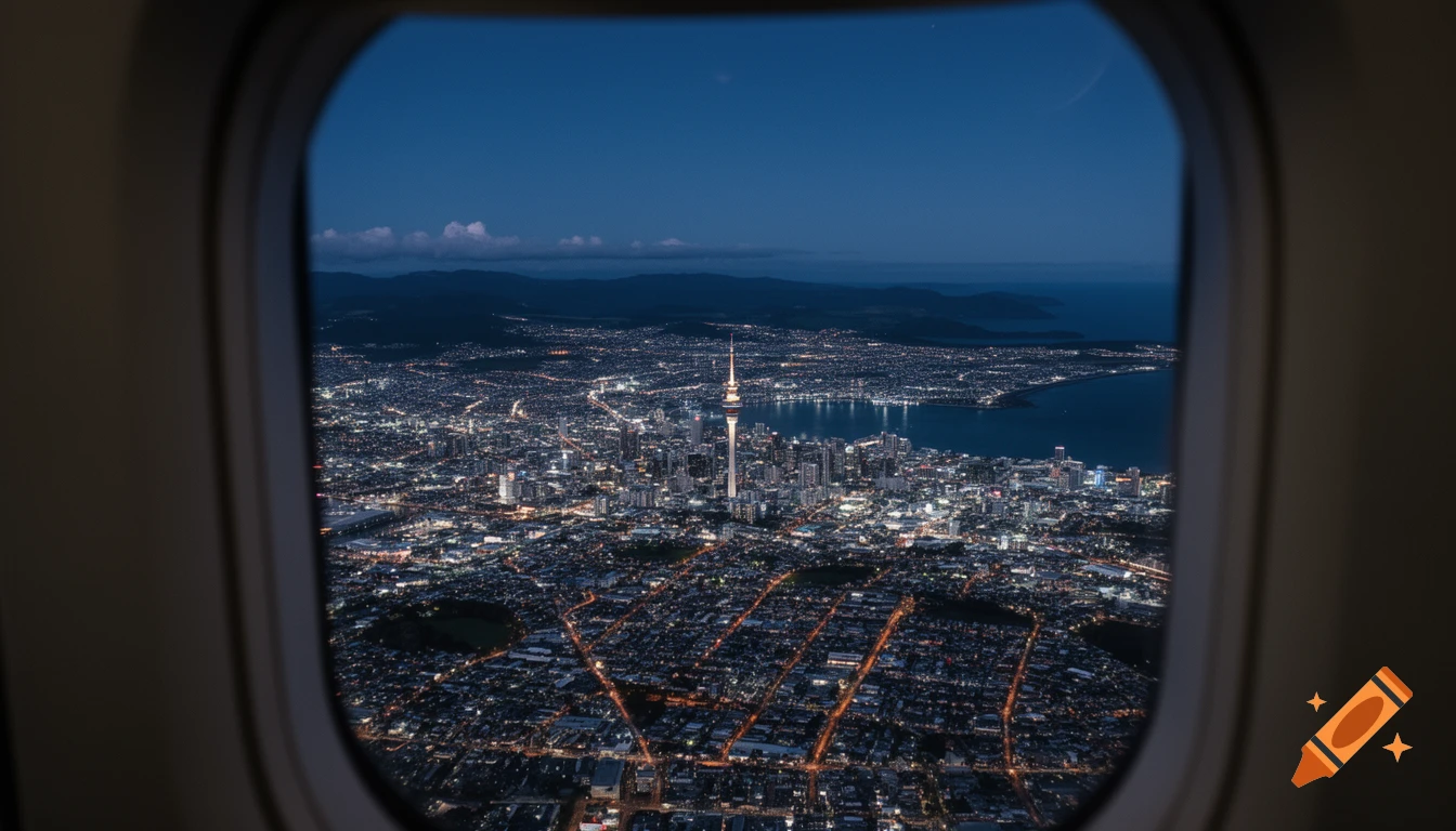An aerial view of Auckland city at night, seen through an airplane window, with the Sky Tower lit up.