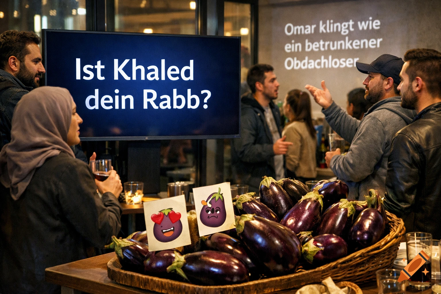 People gather around a table with eggplants and drinks, a screen displays German text, and a wall has German text.