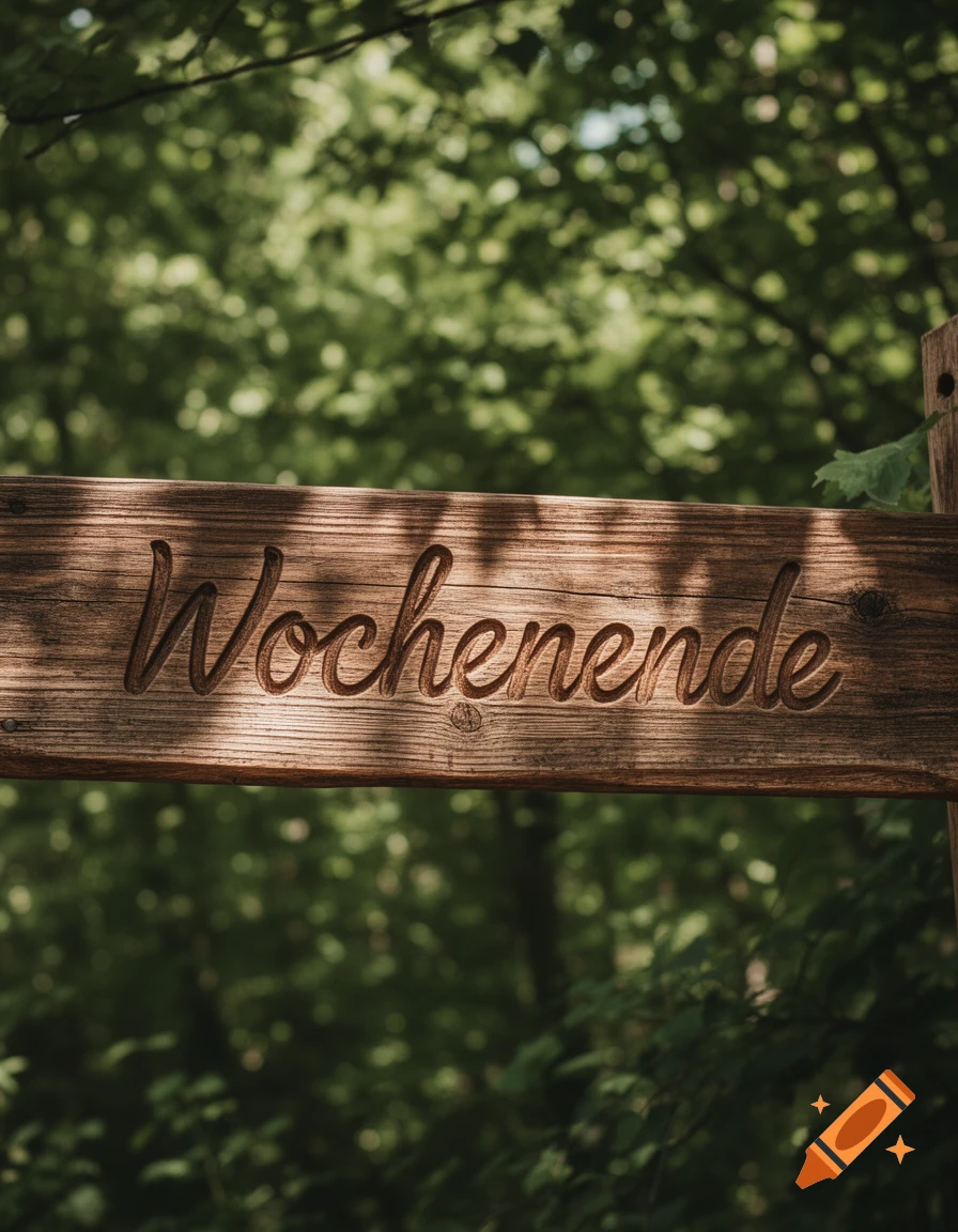 A wooden sign with 'Wochenende' carved into it, set against a blurry green forest background with dappled sunlight.
