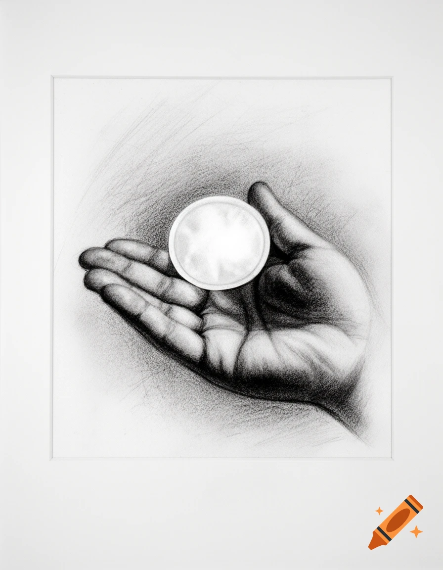 A black and white drawing of a hand holding a white communion wafer.