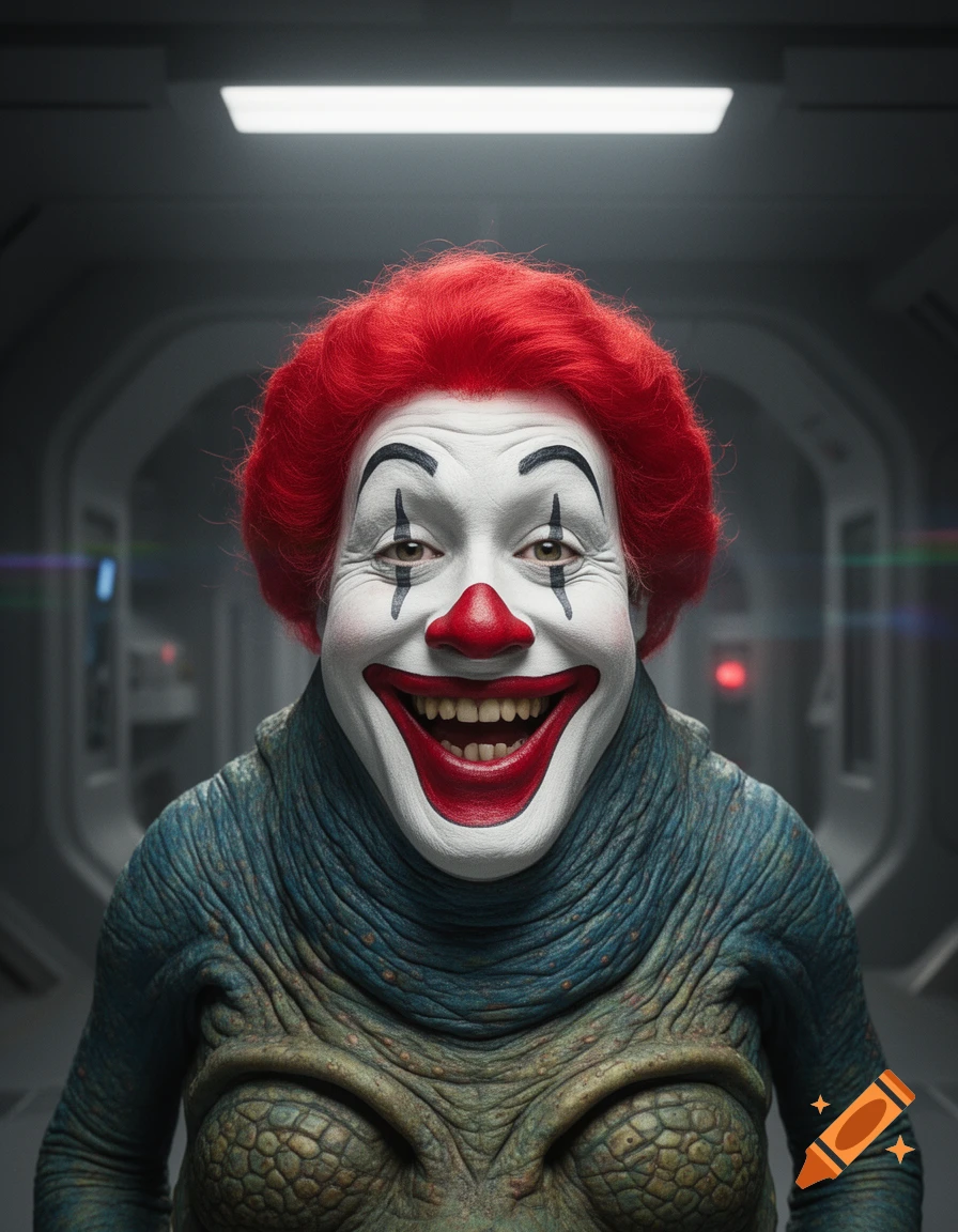 A grinning clown face with bright red hair on a textured, green and blue alien body in a futuristic hallway.