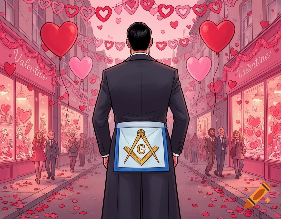 Cartoon illustration of a man in a masonic apron, seen from behind, walking down a street decorated for Valentine's Day with hearts and balloons.