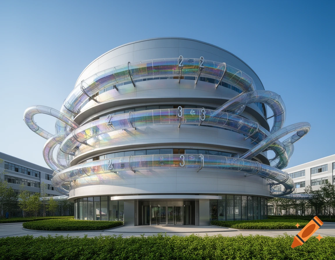 A futuristic, round, gray building with iridescent clear tube slides spiraling around it under a clear blue sky.