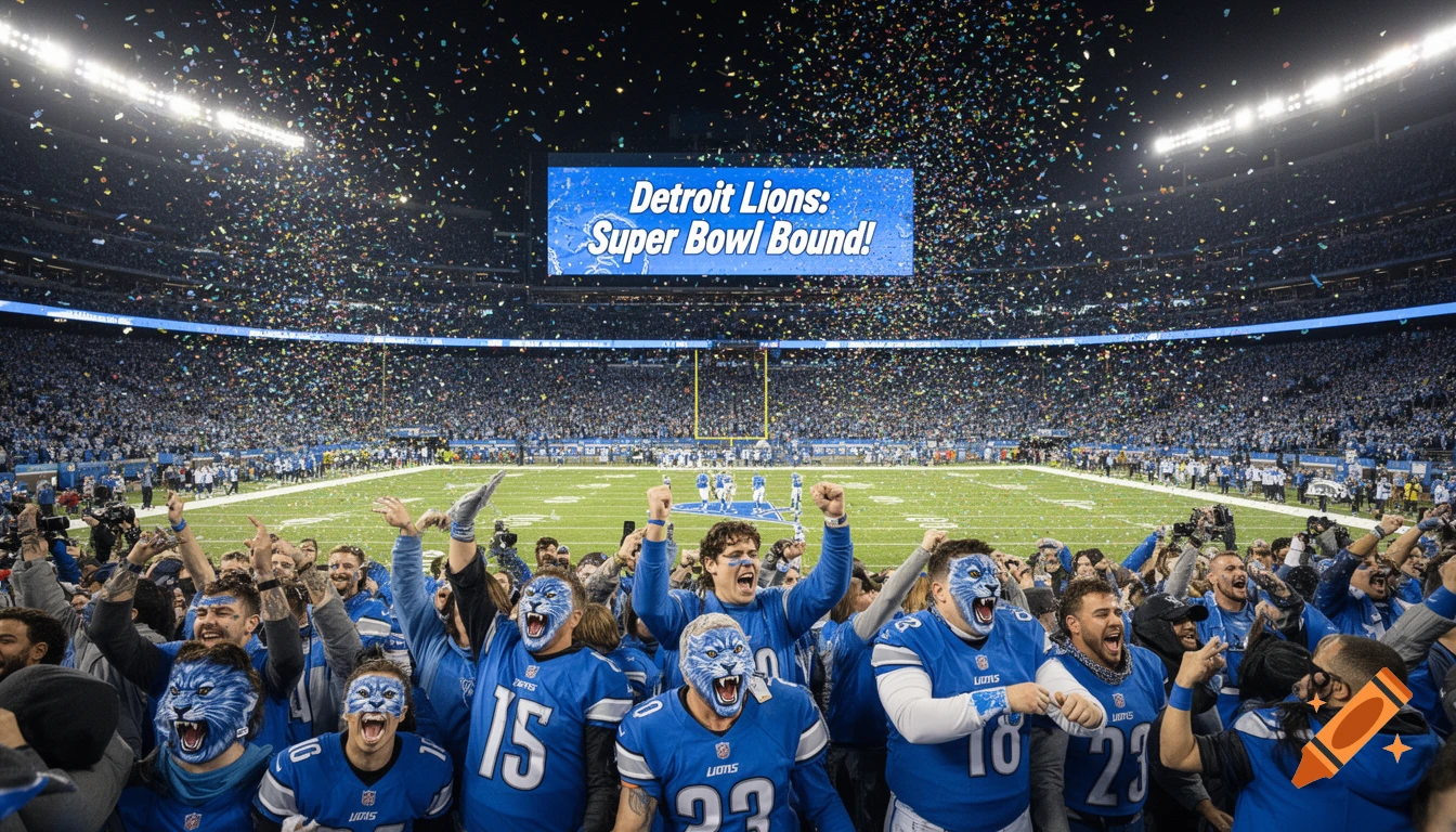 Fans with painted lion faces celebrate in a crowded football stadium, covered in confetti, with a screen displaying 'Detroit Lions: Super Bowl Bound!'.