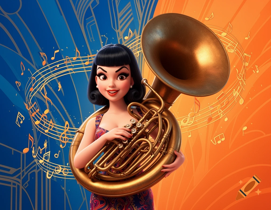 A 3D cartoon woman with black hair plays a bronze sousaphone against a blue and orange background with musical notes.