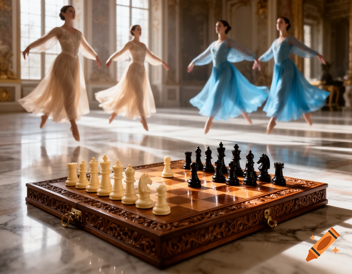 Four ballerinas in flowing dresses leap over a detailed wooden chess set, with two in cream and two in blue, in a grand hall.