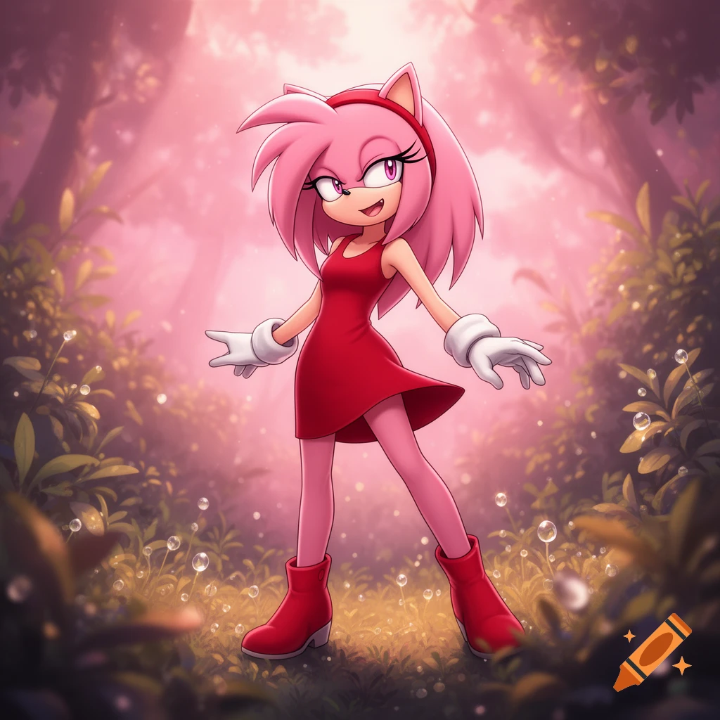 Amy Rose, a pink hedgehog in a red dress, stands smiling in a vibrant pink forest.