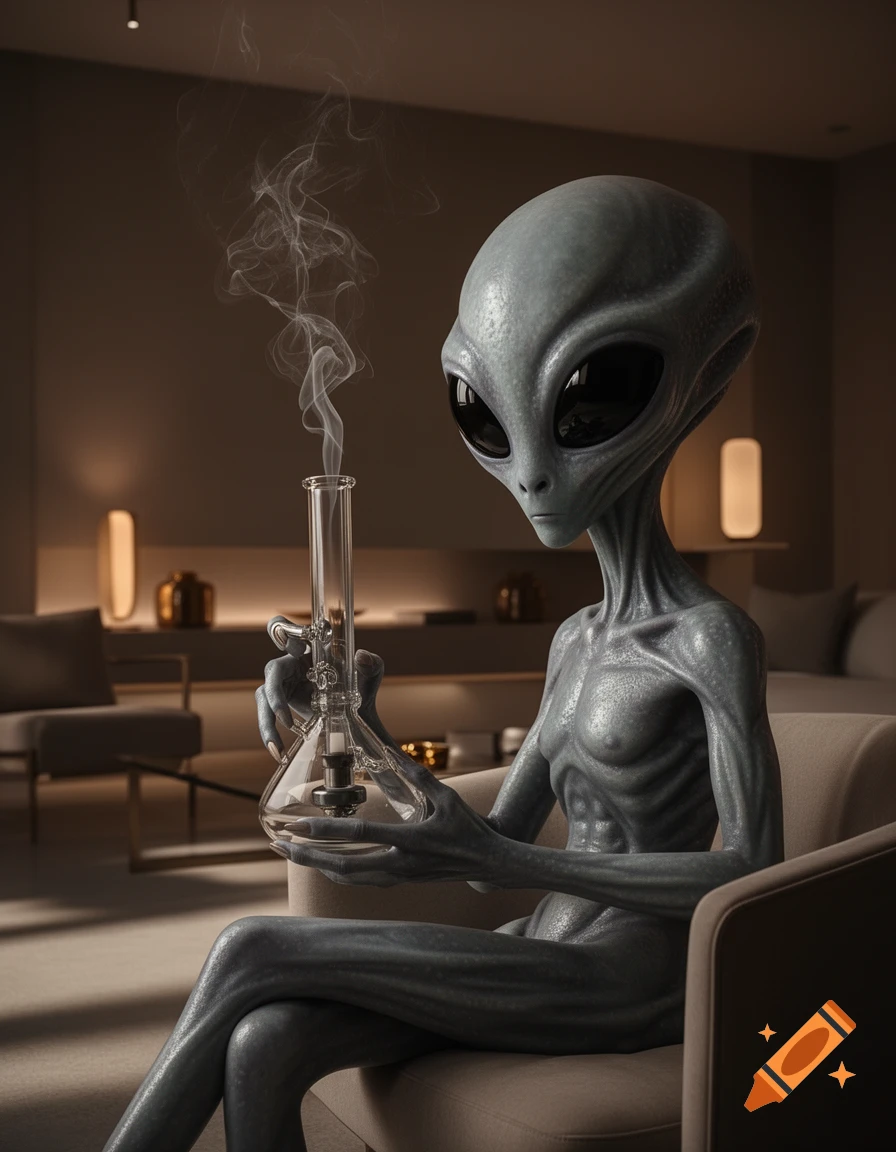 A photorealistic grey alien sits in an armchair, holding a glass bong with smoke rising, in a dimly lit modern room.
