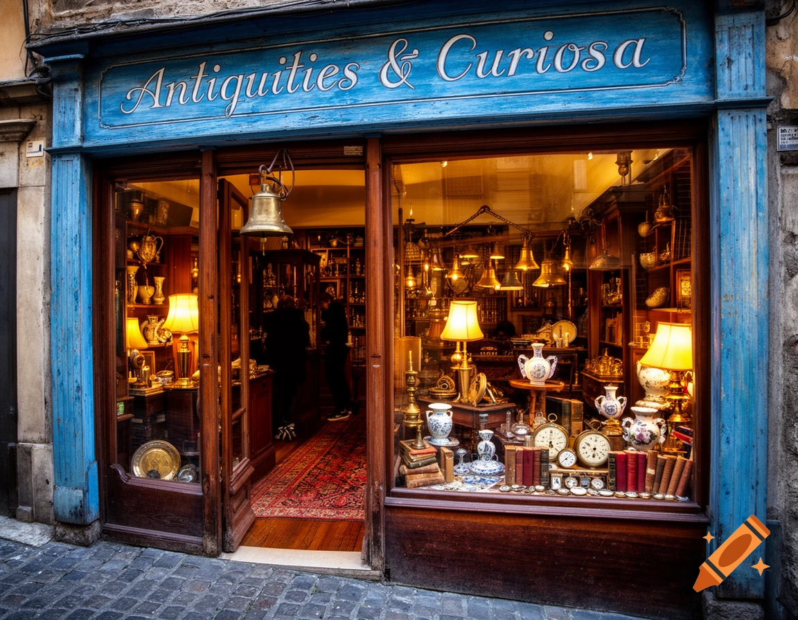 A quaint antique shop with a blue sign reading 'Antiquities & Curiosa' filled with glowing lamps and vintage items.