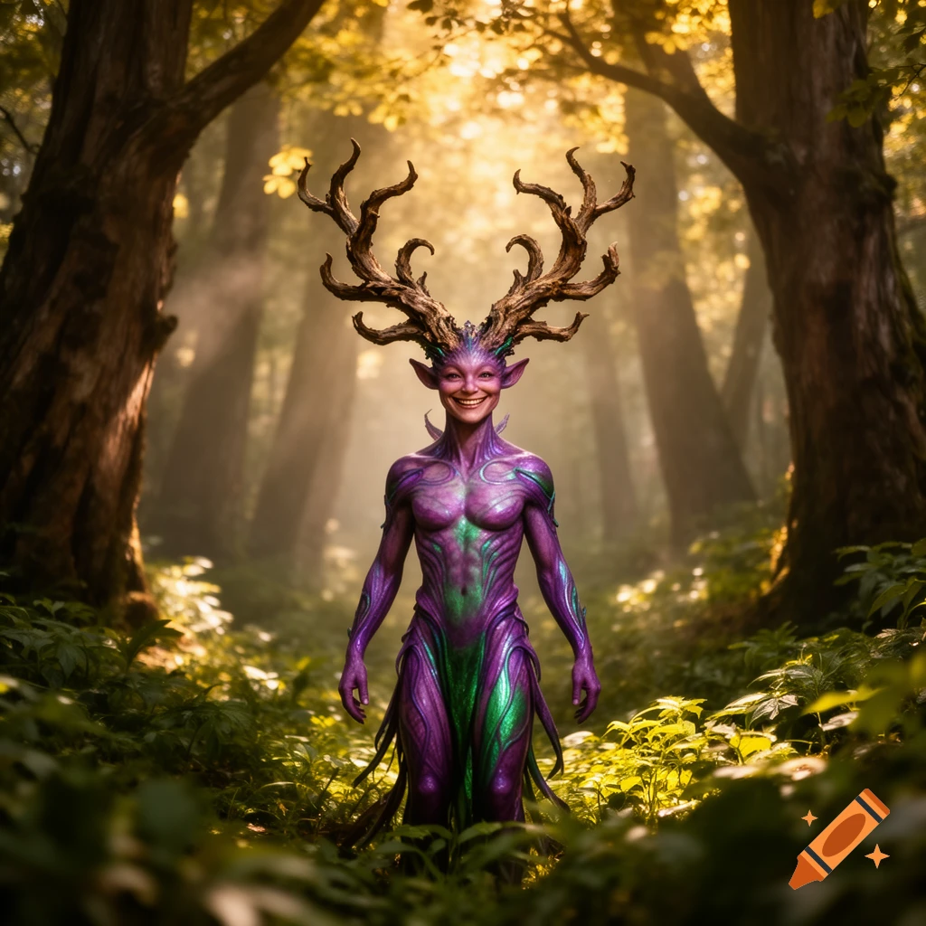 A purple mythical creature with large antlers and a smile stands in a sunlit forest.
