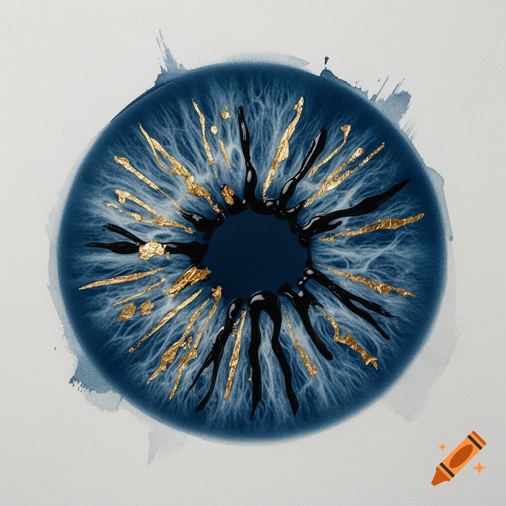 Highly detailed cyanotype of an iris with gold leaf and black varnish details, on a neutral background.