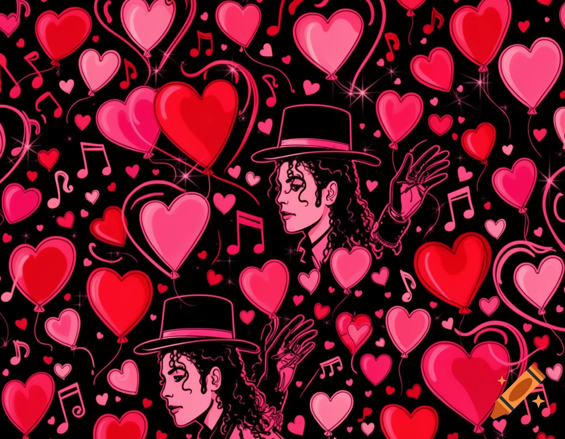 Seamless pattern of outlined Michael Jackson graphics, pink and red heart balloons, and musical notes on a black background.
