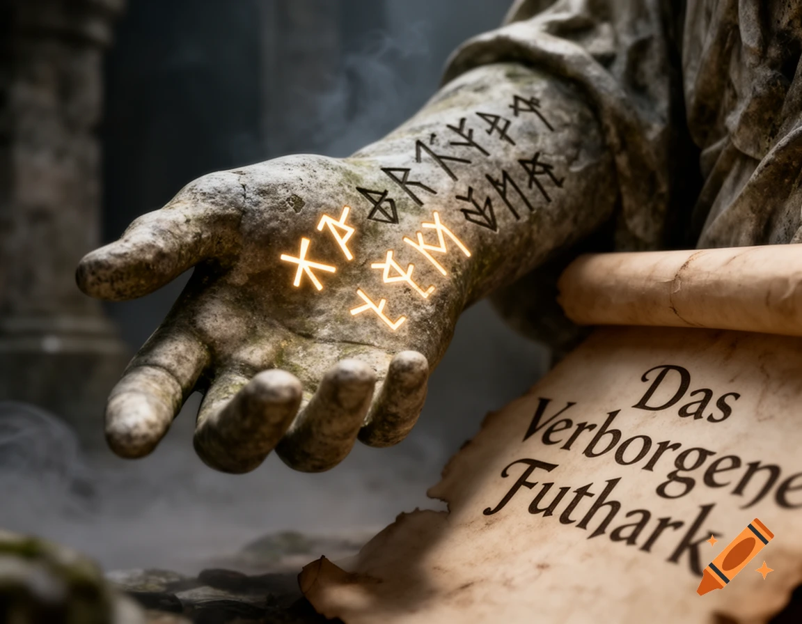 Close-up of a weathered stone hand with glowing runic symbols and a scroll inscribed with 'Das Verborgene Futhark'.
