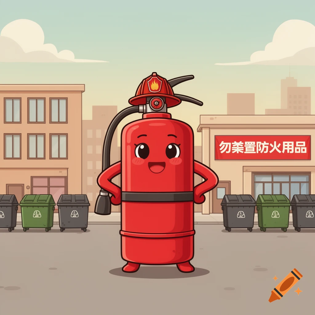 A cute, cartoon red fire extinguisher wearing a firefighter hat stands in a city street. A sign on a building reads 'Do not discard fire-prevention supplies'.
