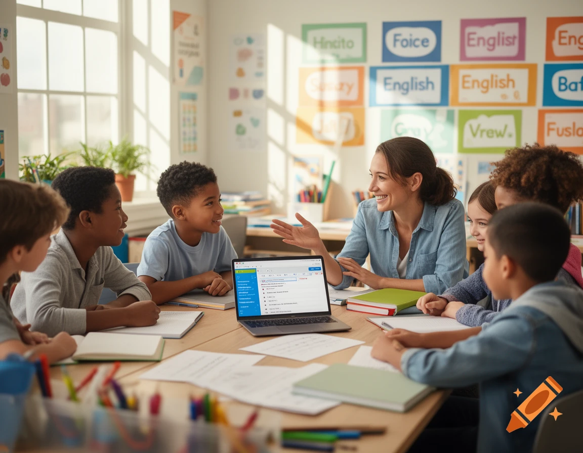 A smiling teacher gestures while speaking to a diverse group of young ...