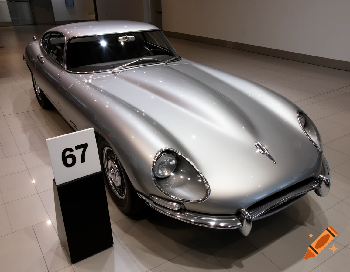 A gleaming silver classic sports car, resembling a Jaguar E-Type, on display in a modern showroom with a '67' sign.