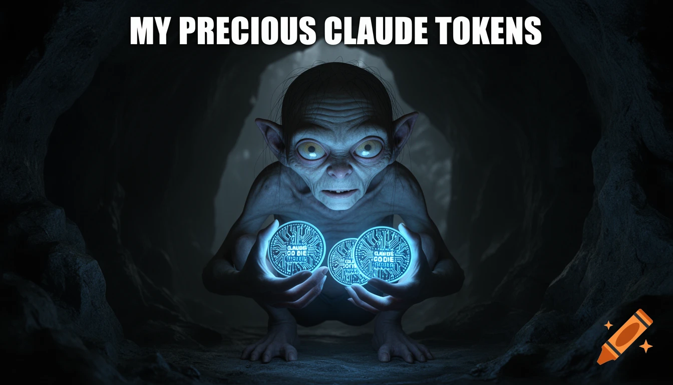 A Gollum-like creature crouches in a dark cave, clutching three glowing blue digital tokens. Text at the top reads: "MY PRECIOUS CLAUDE TOKENS".
