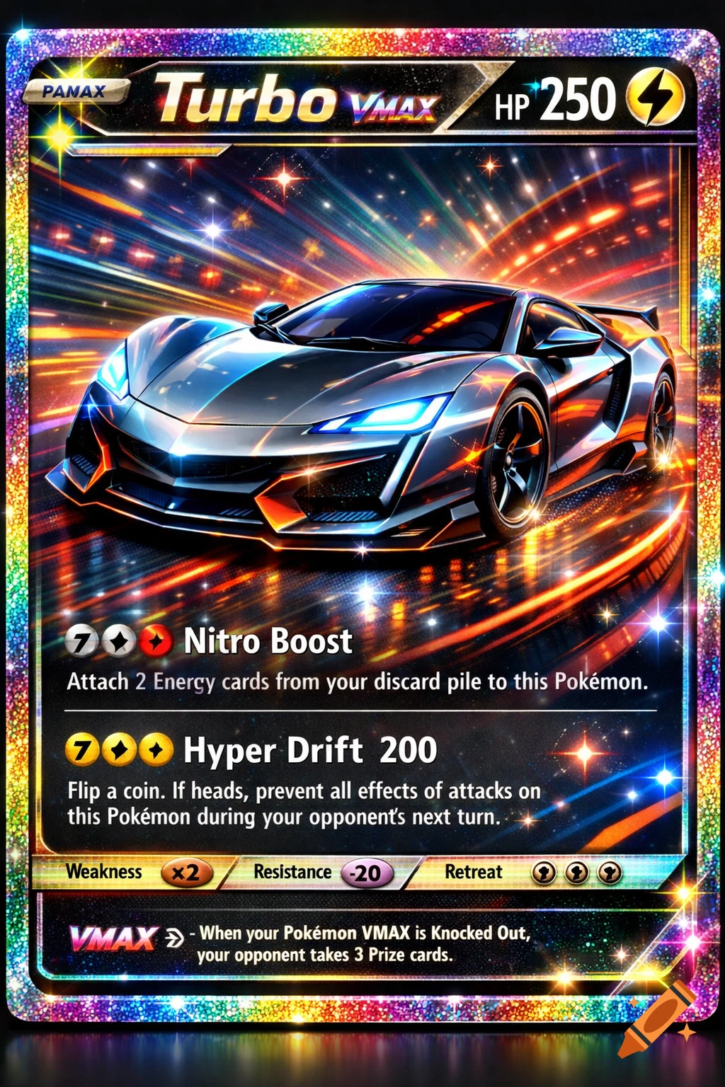 A shiny silver futuristic car on a holographic Pokémon VMAX trading card with text like 'Turbo VMAX' and 'HP 250' against a vibrant light streak background.