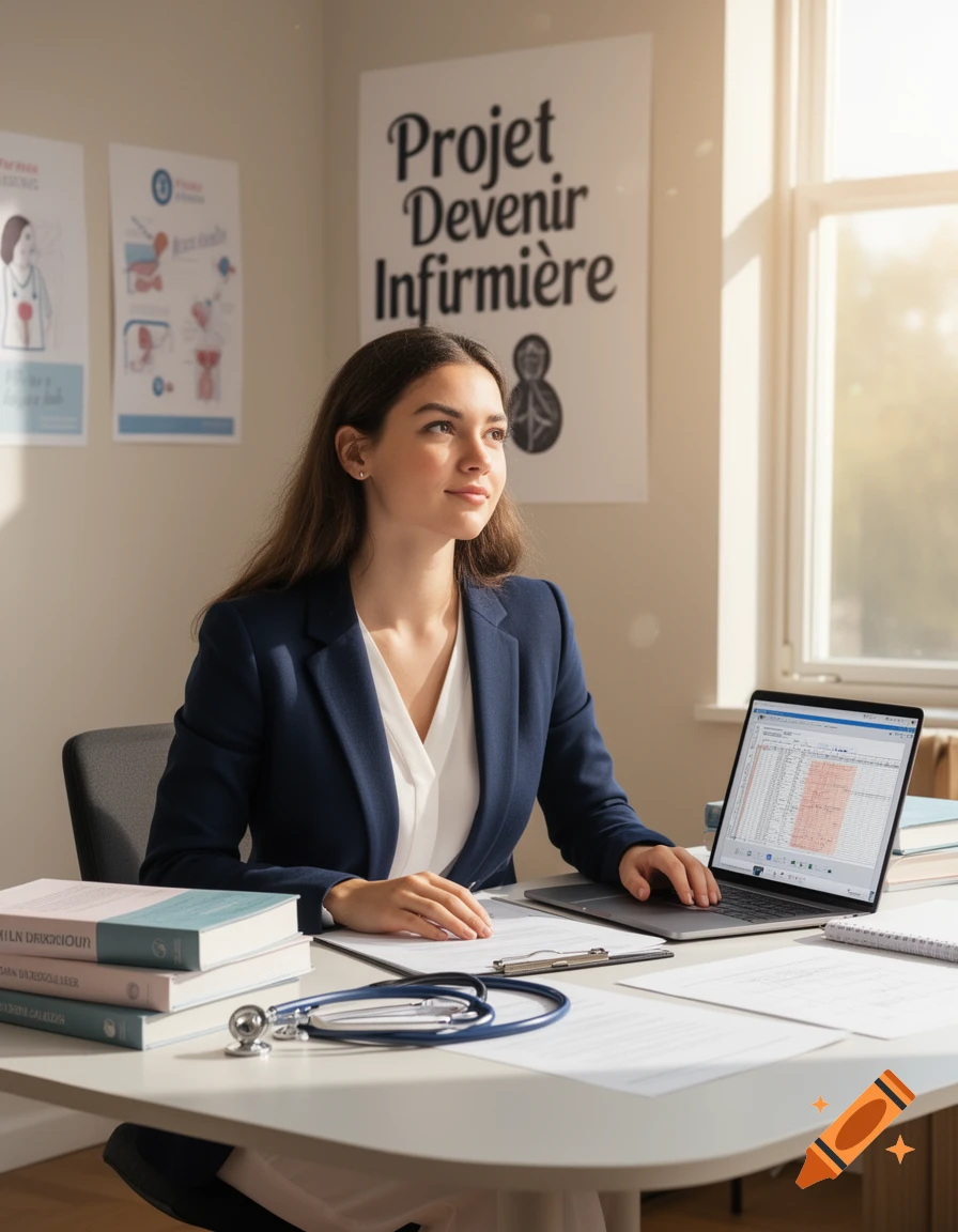 A young woman in a blazer sits at a desk with a laptop, books, and a stethoscope, looking thoughtfully. A poster reads "Projet Devenir Infirmière".