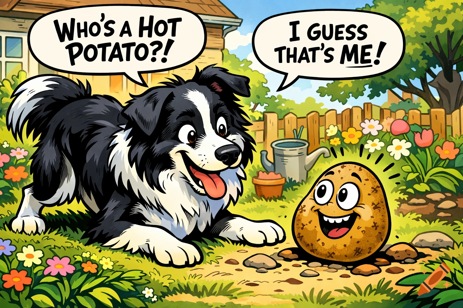 A cartoon Border Collie dog asks "WHO'S A HOT POTATO?!" to a smiling potato in a garden, who replies "I GUESS THAT'S ME!"