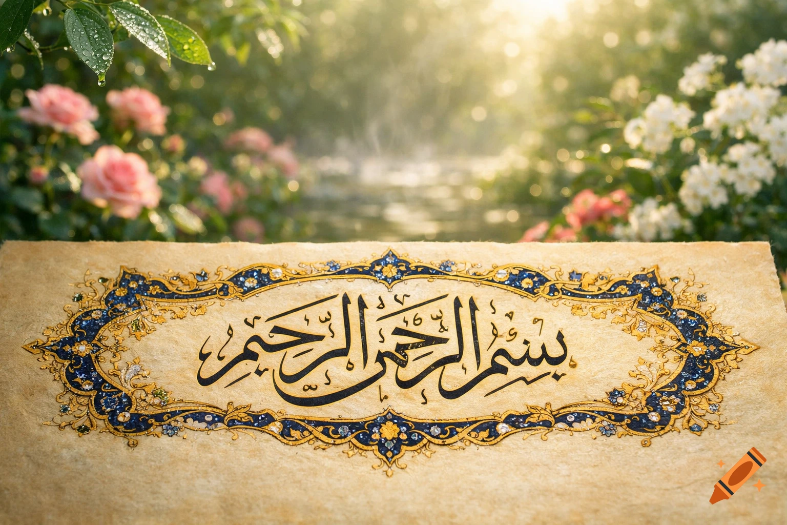Arabic calligraphy "Bismillah al-Rahman al-Rahim" on ornate parchment in a sunlit garden with roses.